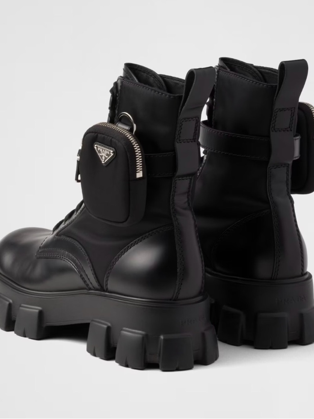 Prada Black Lug-Sole Combat Boots with Detachable Mini Pouch - Picture 3 of 10